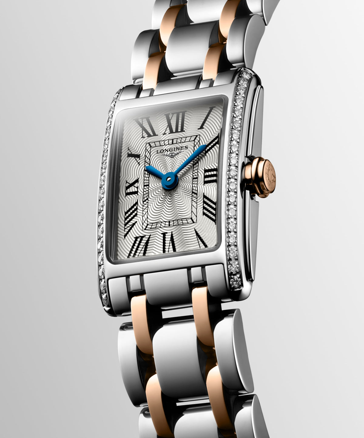 Longines Dolcevita 17.70 X 27.00 mm Silver "flinqué" Stainless steel with rose gold 18 carats crown L52585797 L5.258.5.79.7 front and side view