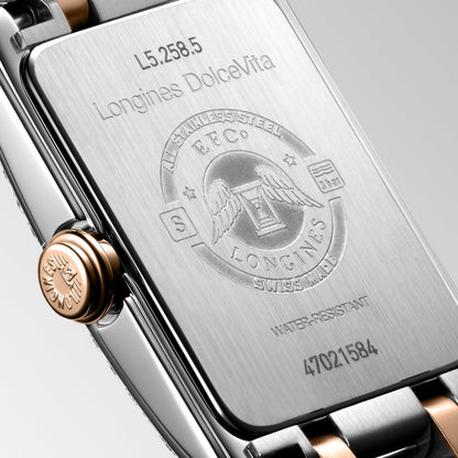 Longines Dolcevita 17.70 X 27.00 mm Silver "flinqué" Stainless steel with rose gold 18 carats crown L52585797 L5.258.5.79.7 back view