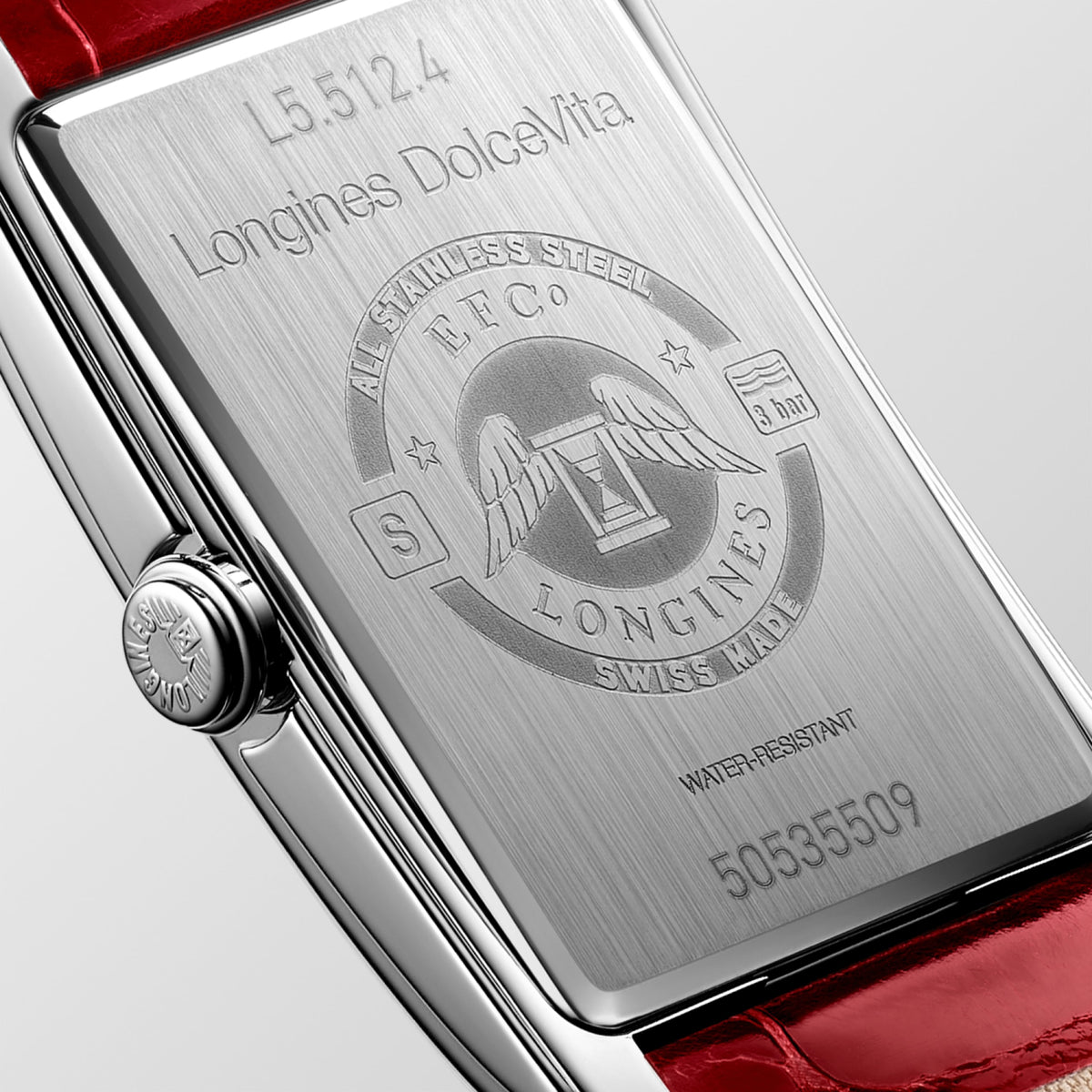 Longines Dolcevita 23.30 X 37.00 mm Silver "flinqué" Stainless steel L55124715 L5.512.4.71.5 front and side view