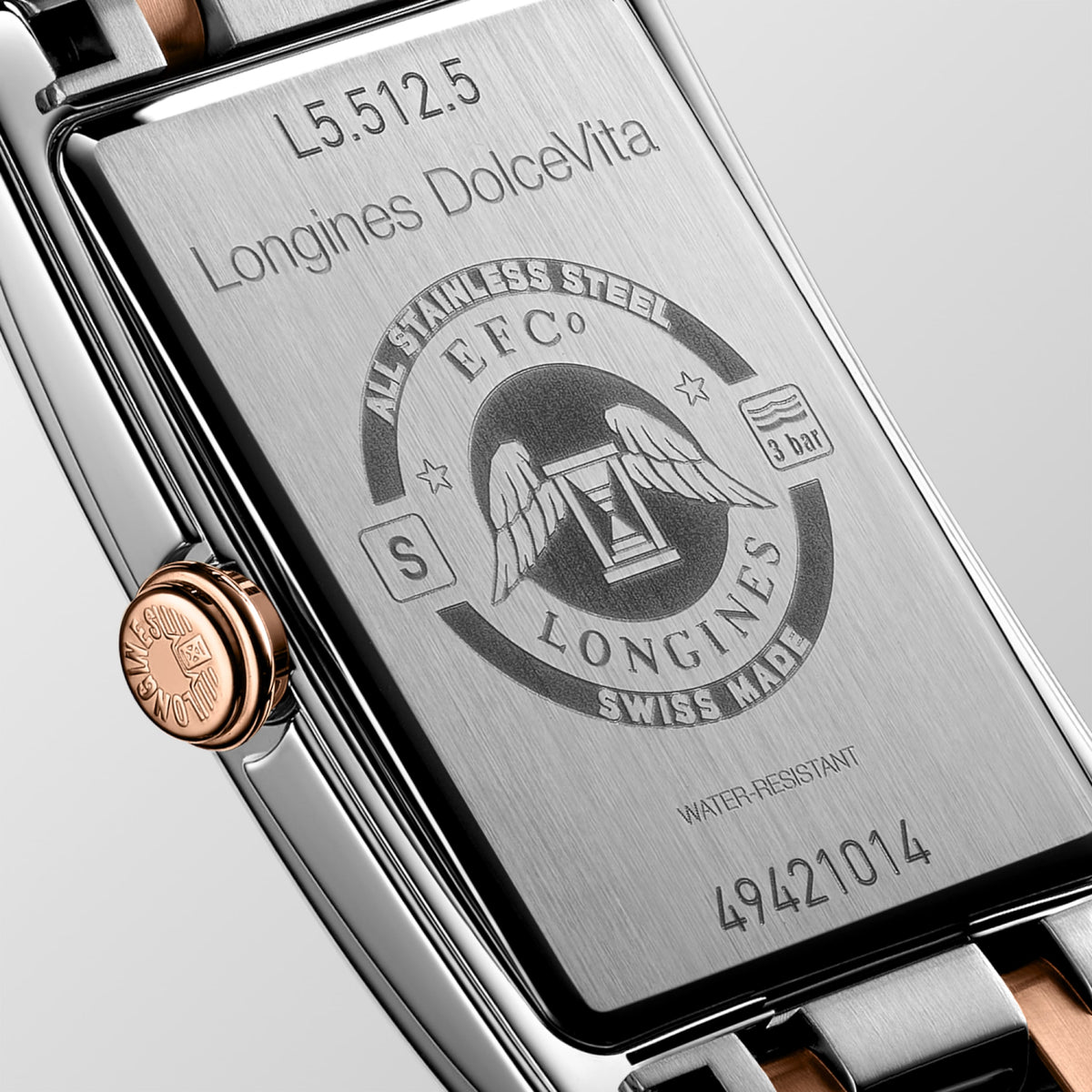 Longines Dolcevita 23.30 X 37.00 mm Silver "flinqué" Stainless steel with rose gold 18 carats crown L55125717 L5.512.5.71.7 front and side view