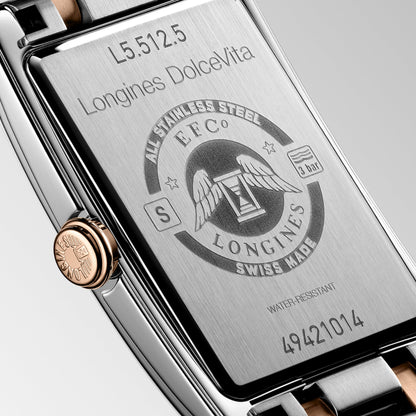 Longines Dolcevita 23.30 X 37.00 mm White Stainless steel with rose gold 18 carats crown L55125757 L5.512.5.75.7 front and side view