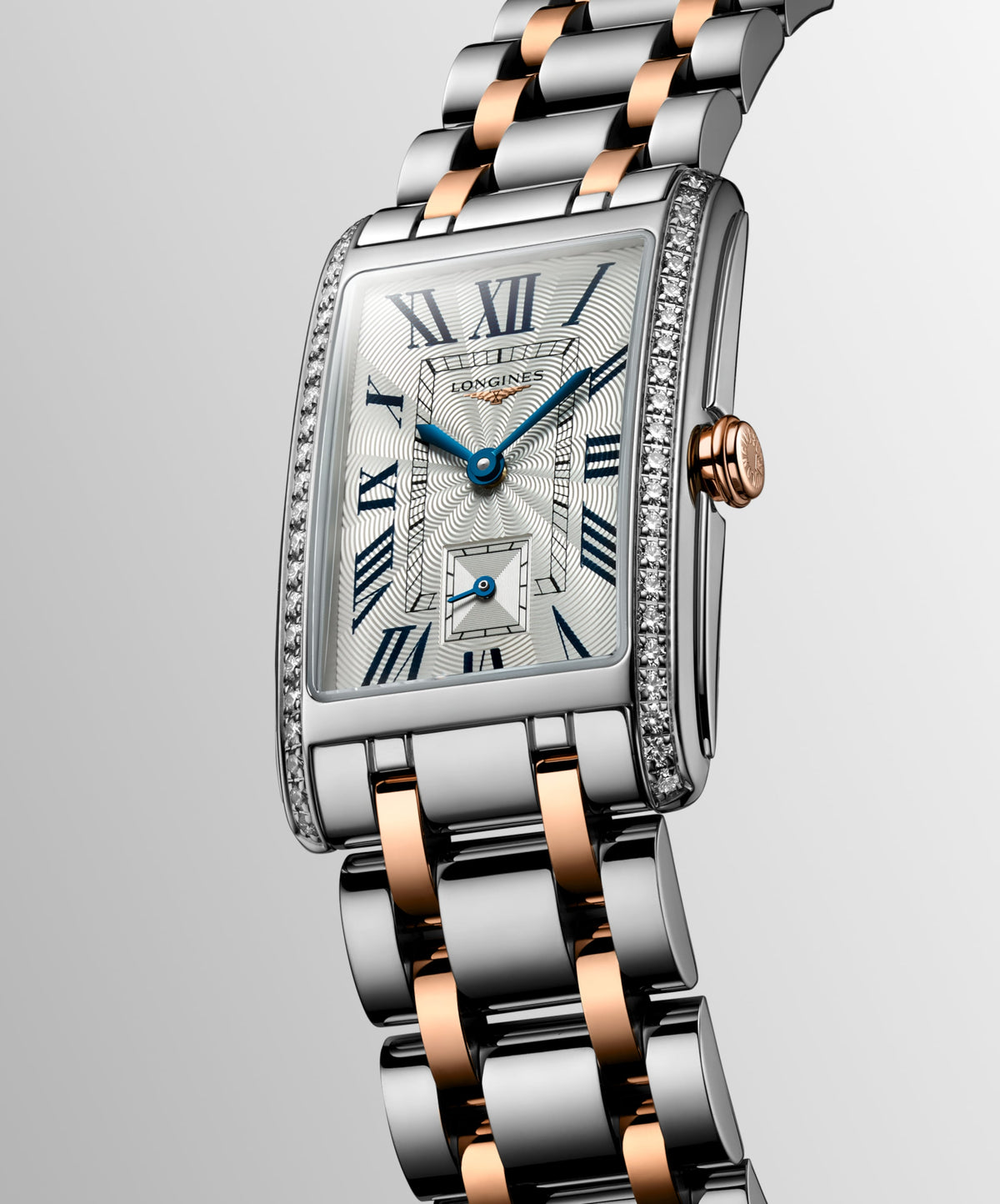 Longines Dolcevita 23.30 X 37.00 mm Silver "flinqué" Stainless steel with rose gold 18 carats crown L55125797 L5.512.5.79.7 front and side view
