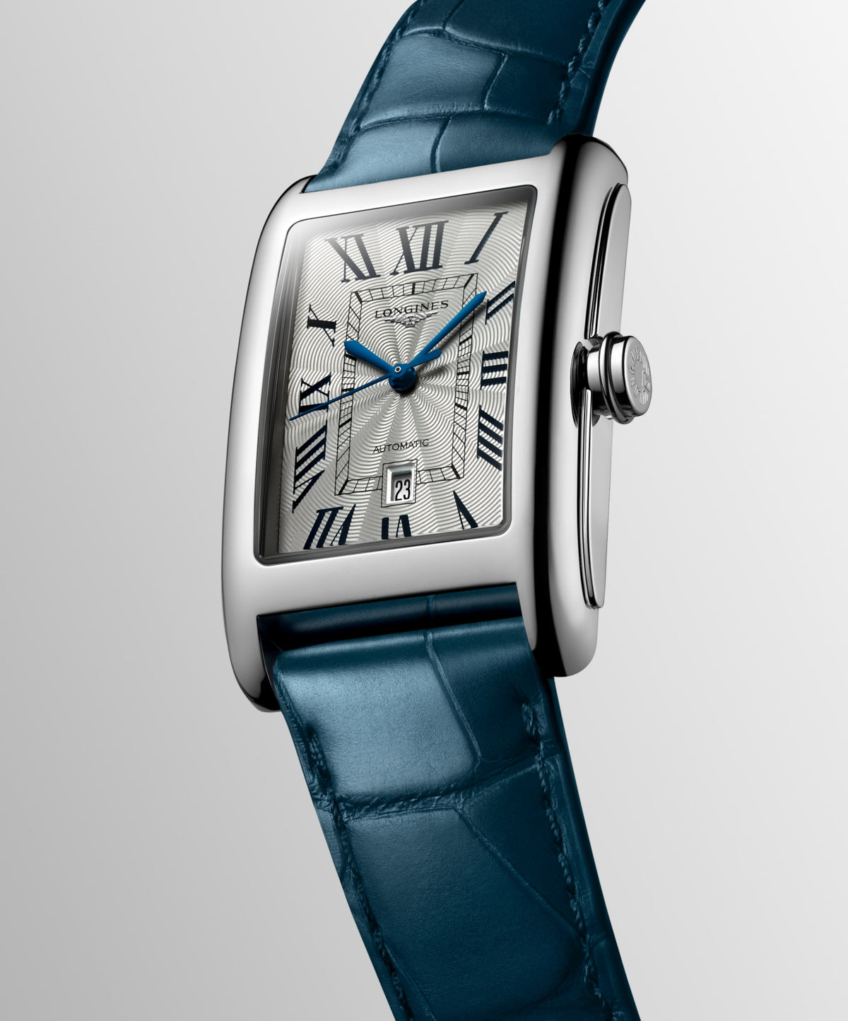 Longines Dolcevita 27.70 X 43.80 mm Silver "flinqué" Stainless steel L57574719 L5.757.4.71.9 front and side view