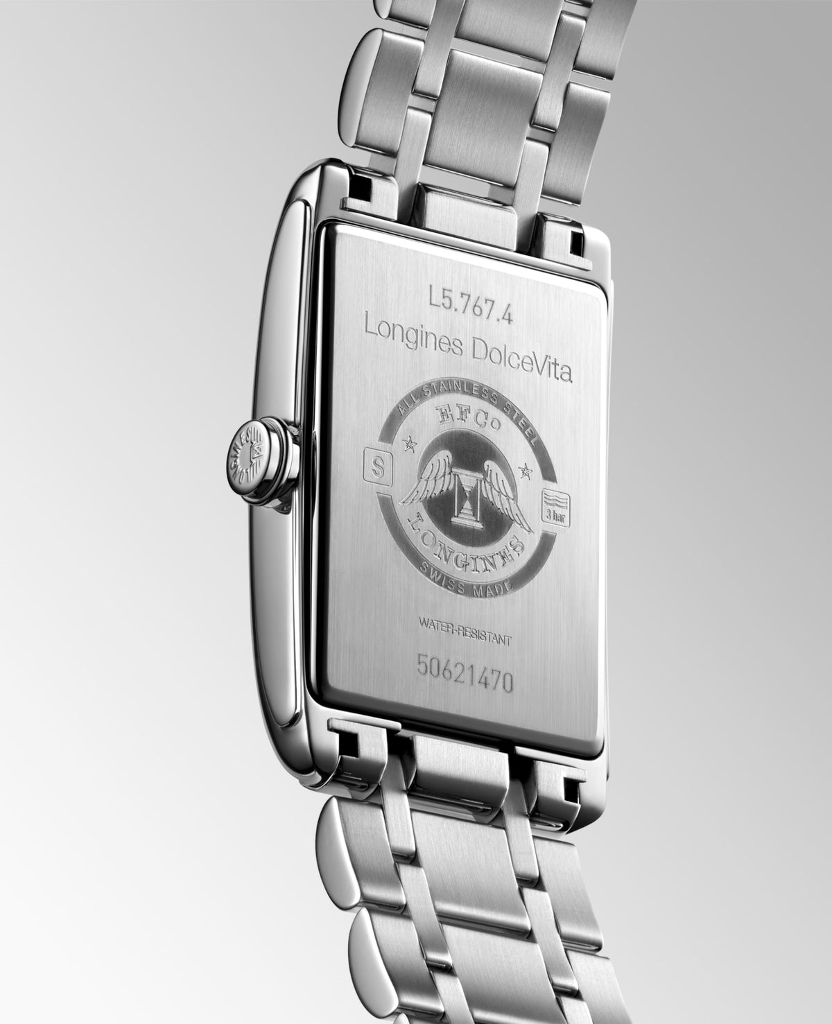 Longines Dolcevita 28.20 X 47.00 mm Silver "flinqué" Stainless steel L57674716 L5.767.4.71.6 front and side view