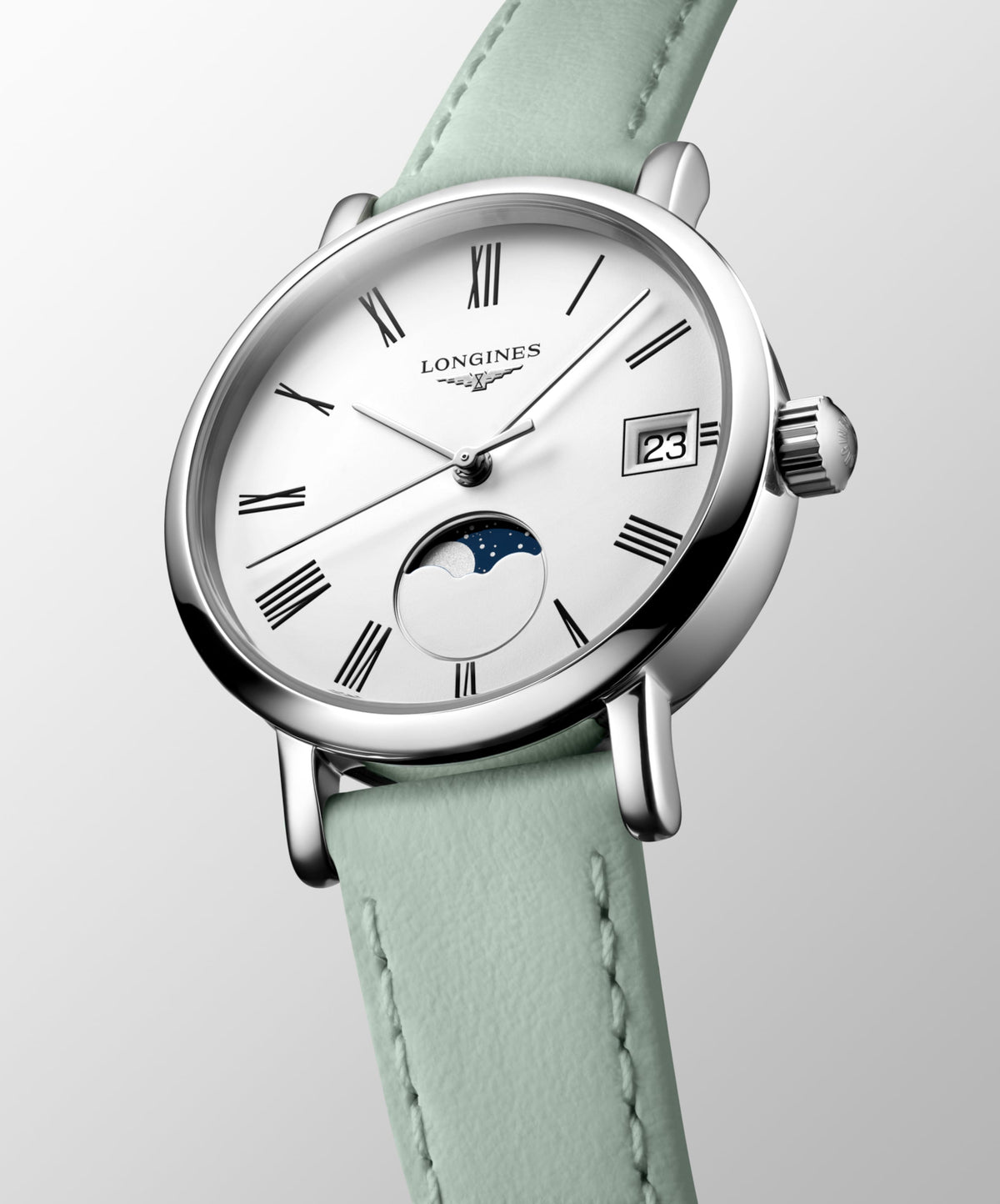 Longines Elegant Collection Moonphase 30.00 mm White matt Stainless steel L43304110 L4.330.4.11.0 front and side view
