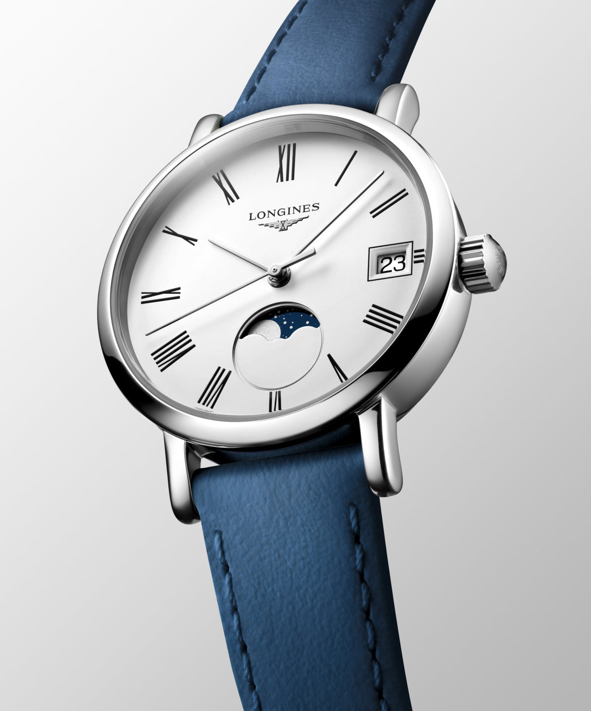 Longines Elegant Collection Moonphase 30.00 mm White matt Stainless steel L43304112 L4.330.4.11.2 front and side view