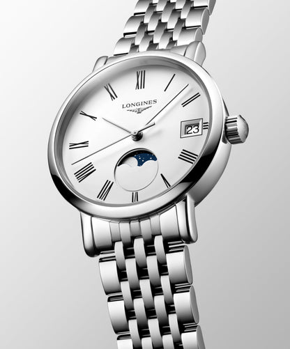 Longines Elegant Collection Moonphase 30.00 mm White matt Stainless steel L43304116 L4.330.4.11.6 front and side view