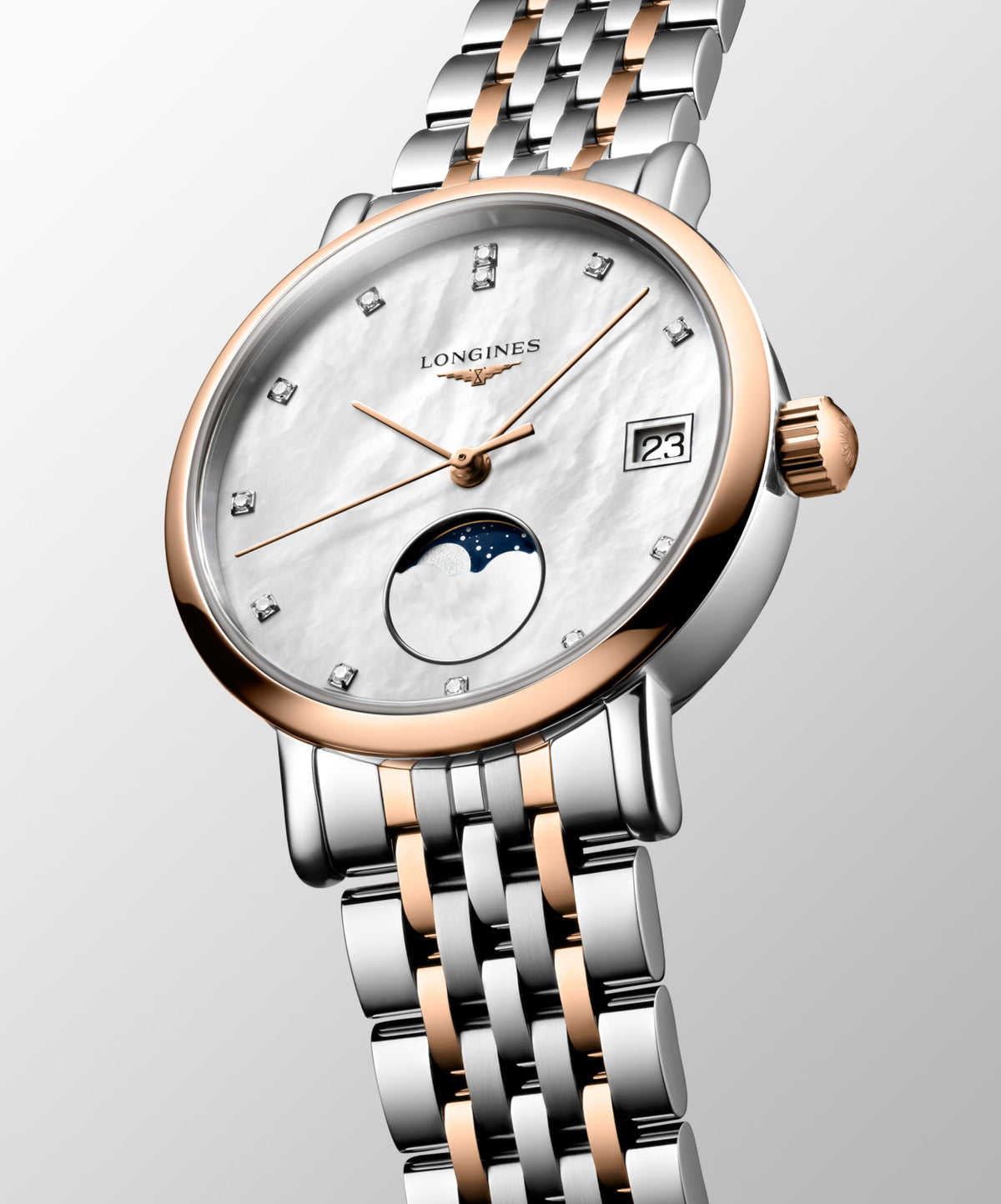 Longines Elegant Collection Moonphase 30.00 mm White mother-of-pearl Stainless steel and rose gold 18 carats cap 200 L43305877 L4.330.5.87.7 front and side view