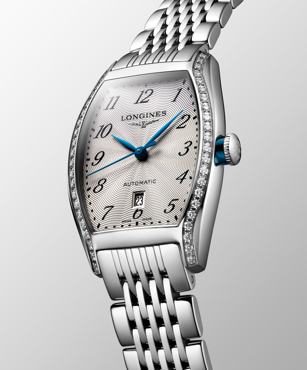 Longines Evidenza 26.00 X 30.60 mm Silver "flinqué" Stainless steel L21420706 L2.142.0.70.6 front and side view