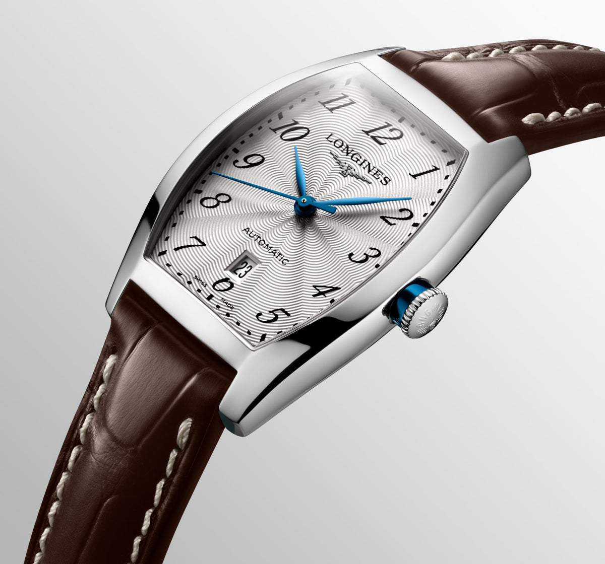 Longines Evidenza 26.00 X 30.60 mm Silver "flinqué" Stainless steel L21424734 L2.142.4.73.4 front and side view