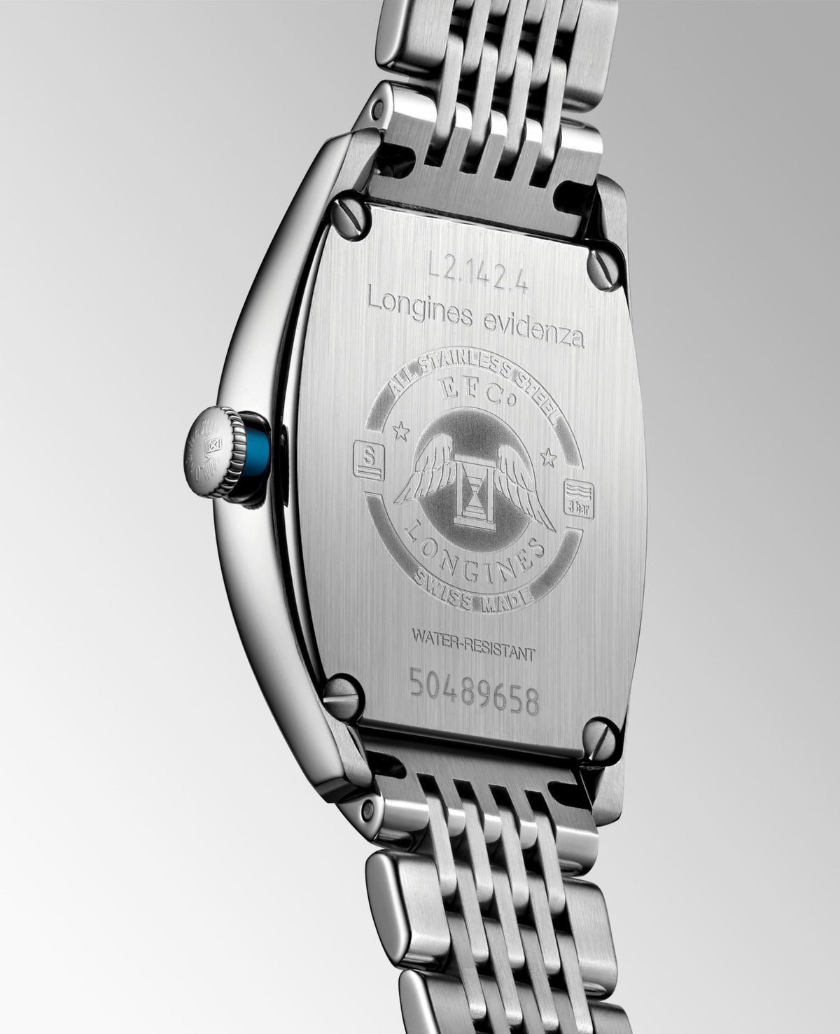 Longines Evidenza 26.00 X 30.60 mm Silver "flinqué" Stainless steel L21424736 L2.142.4.73.6 front and side view