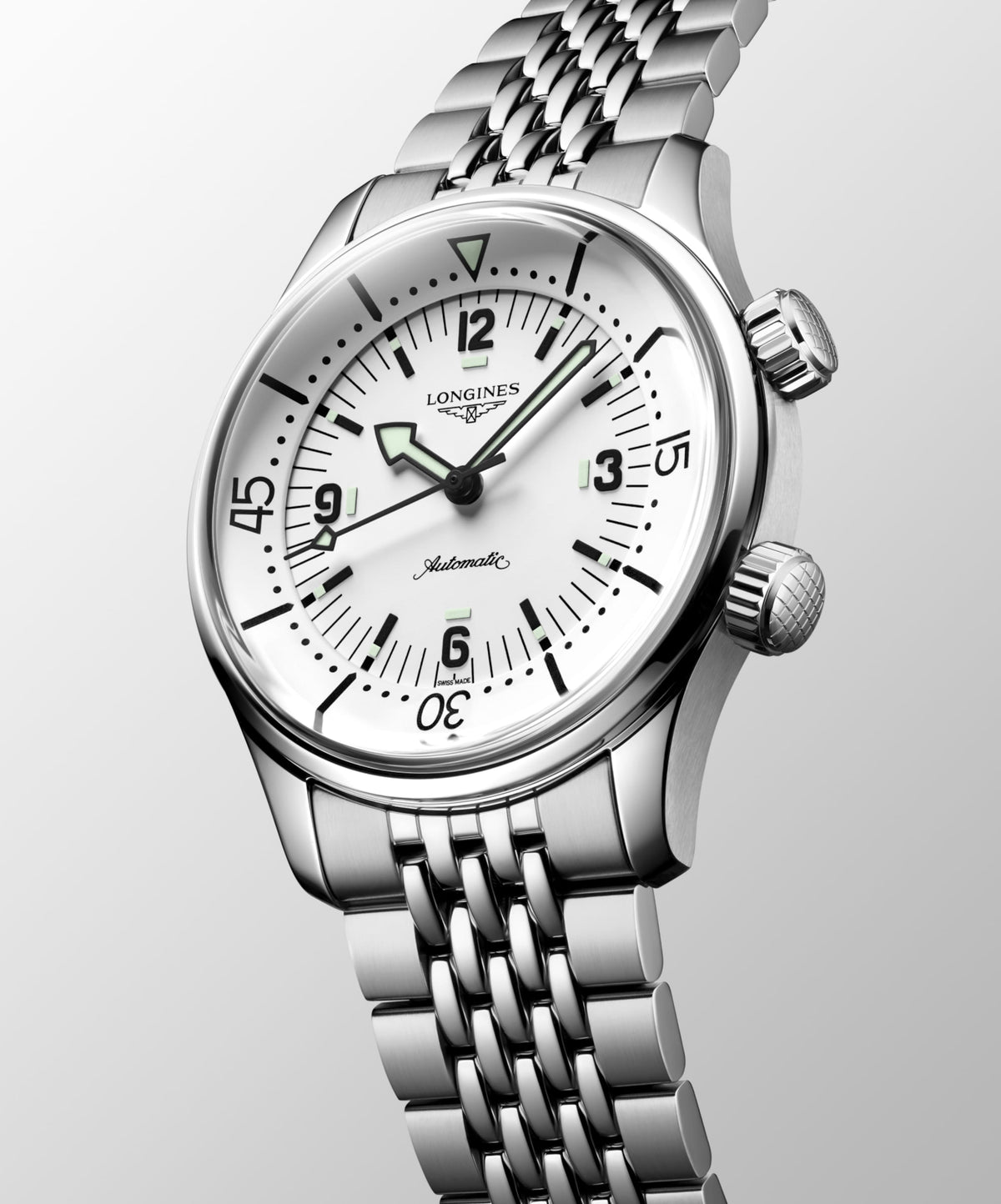 Longines Legend Diver 39.00 mm White matt Stainless steel L37644166 L3.764.4.16.6 front and side view
