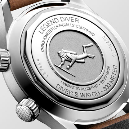 Longines Legend Diver 39.00 mm Black lacquered polished Stainless steel L37644500 L3.764.4.50.0 front and side view