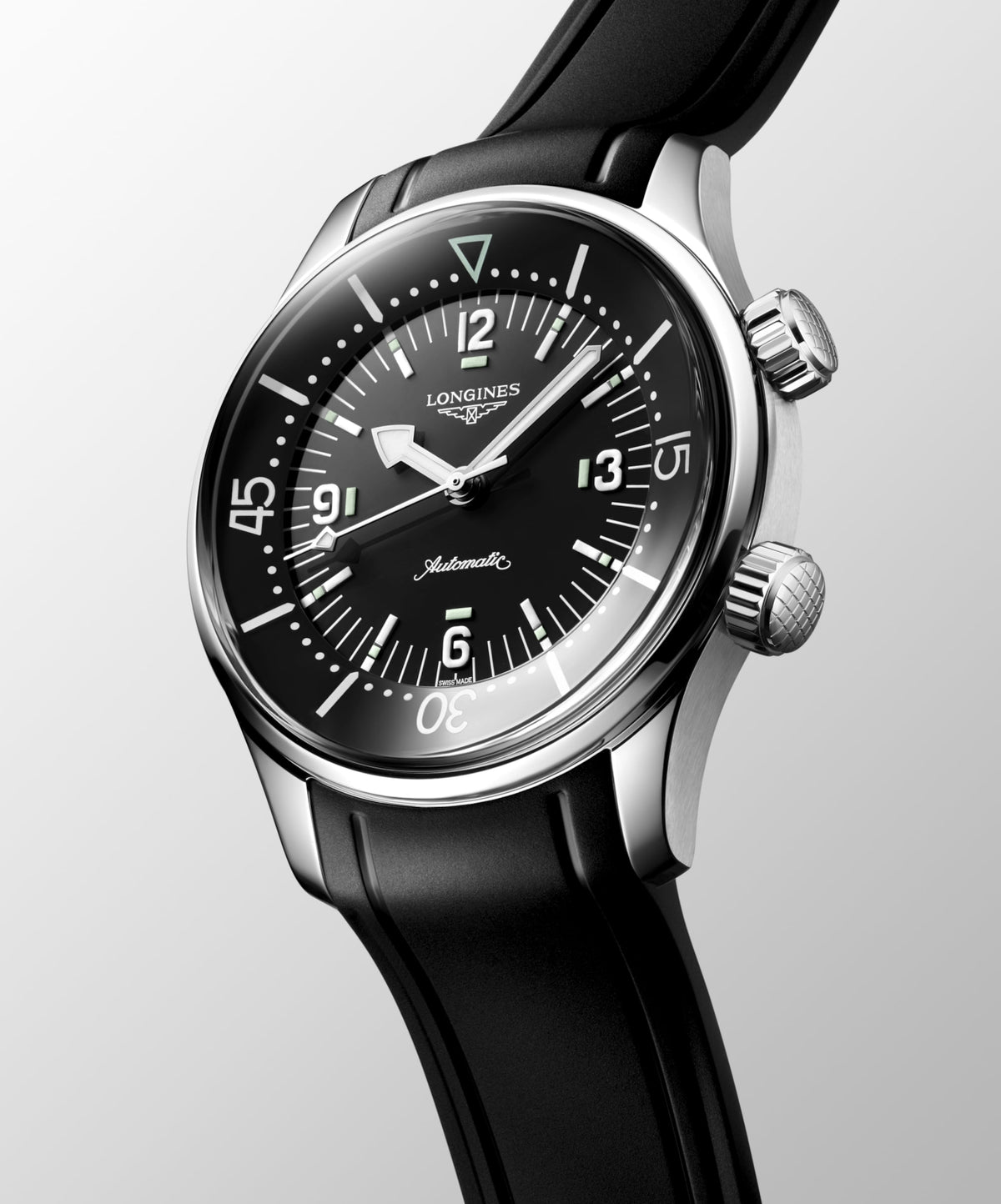Longines Legend Diver 39.00 mm Black lacquered polished Stainless steel L37644509 L3.764.4.50.9 front and side view