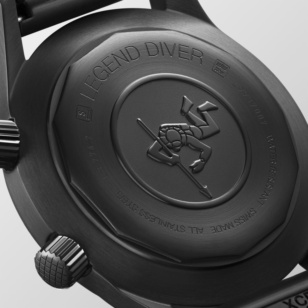 Longines Legend Diver 42.00 mm Black lacquered polished Black PVD coating L37742509 L3.774.2.50.9 front and side view