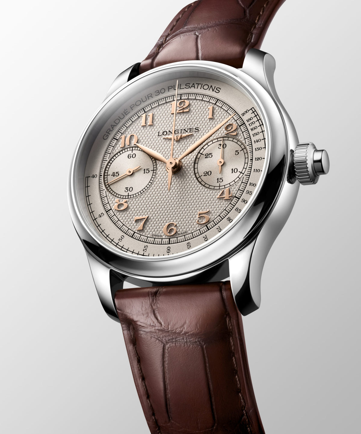 Longines Master Collection Chrono Monopusher Ivory "barleycorn" dial. Stainless steel 41.00 mm L29604782 L2.960.4.78.2 side and back view