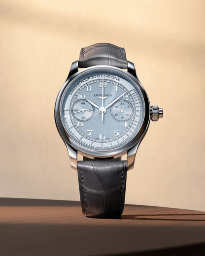 Longines Master Collection Chrono Monopusher Frosted blue "barleycorn" dial. Stainless steel 41.00 mm L29604932 L2.960.4.93.2 side and back view