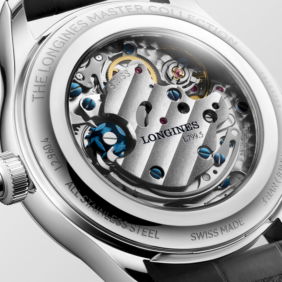 Longines Master Collection Chrono Monopusher Frosted blue "barleycorn" dial. Stainless steel 41.00 mm L29604932 L2.960.4.93.2 side and front view