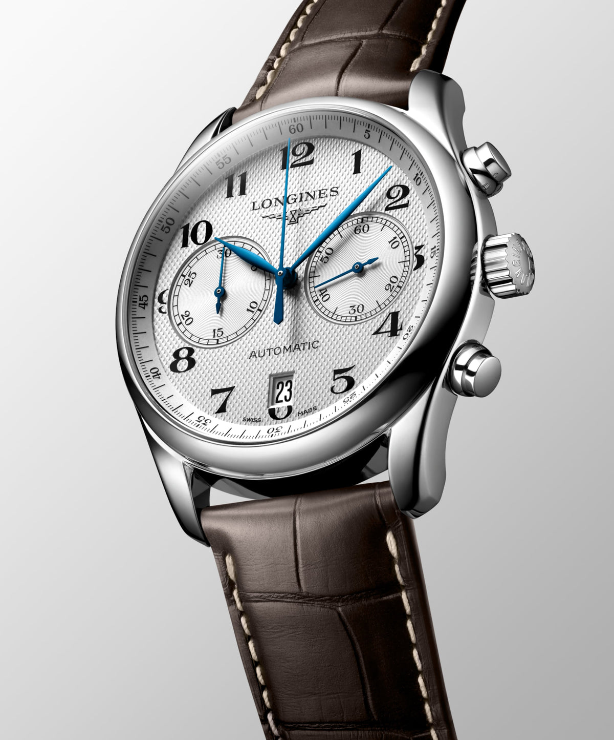 Longines Master Collection Chronograph Silver "barleycorn" dial. Stainless steel 40.00 mm L26294783 L2.629.4.78.3 side and front view