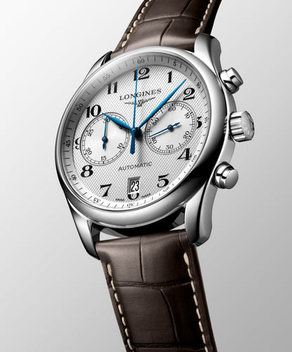 Longines Master Collection Chronograph Silver "barleycorn" dial. Stainless steel 40.00 mm L26294783 L2.629.4.78.3 side and front view