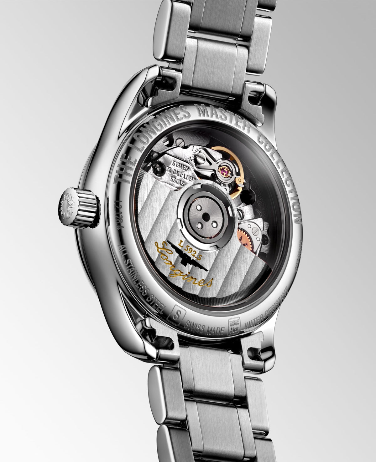 Longines Master Collection Silver "barleycorn" dial. Stainless steel 25.50 mm L21284776 L2.128.4.77.6 side and back view
