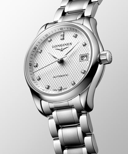 Longines Master Collection Silver "barleycorn" dial. Stainless steel 25.50 mm L21284776 L2.128.4.77.6 side and front view
