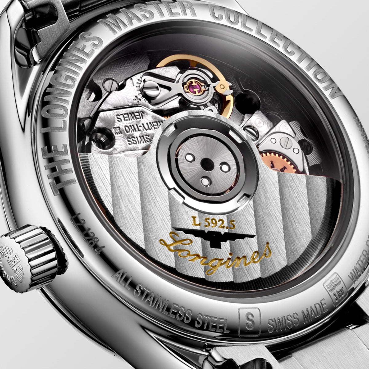 Longines Master Collection Silver "barleycorn" dial. Stainless steel 25.50 mm L21284776 L2.128.4.77.6 back view