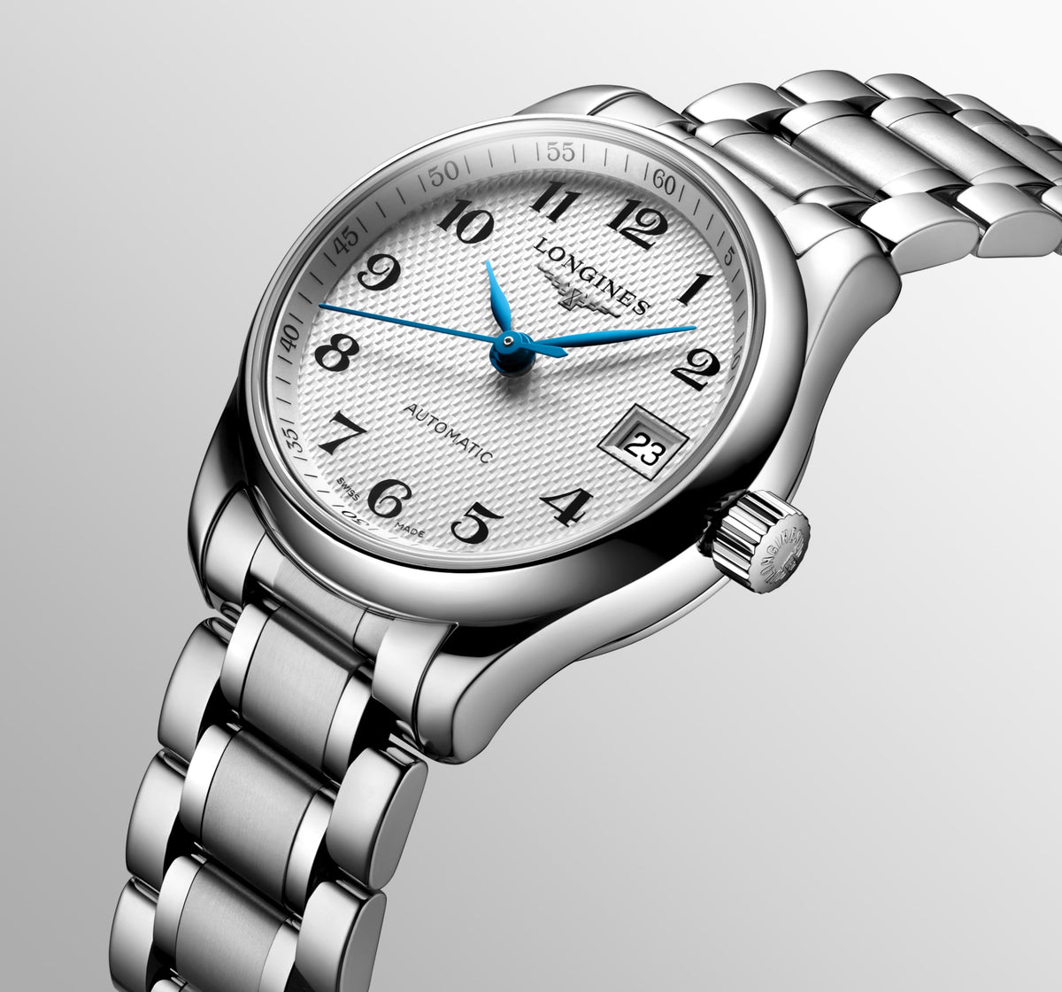 Longines Master Collection Silver "barleycorn" dial. Stainless steel 25.50 mm L21284786 L2.128.4.78.6 side and back view