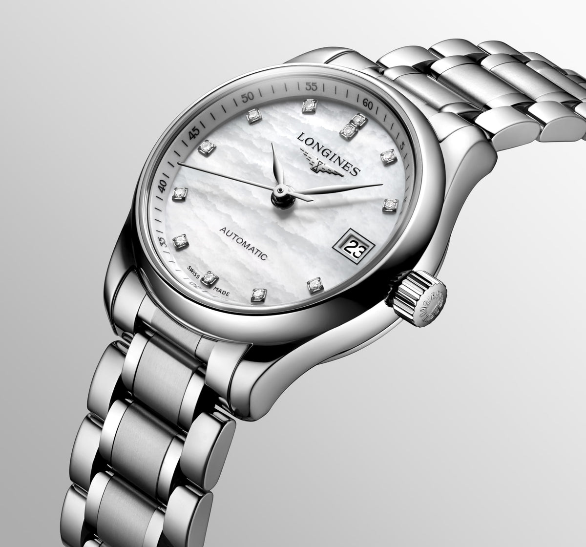 Longines Master Collection White mother-of-pearl dial. Stainless steel 25.50 mm L21284876 L2.128.4.87.6 side and back view