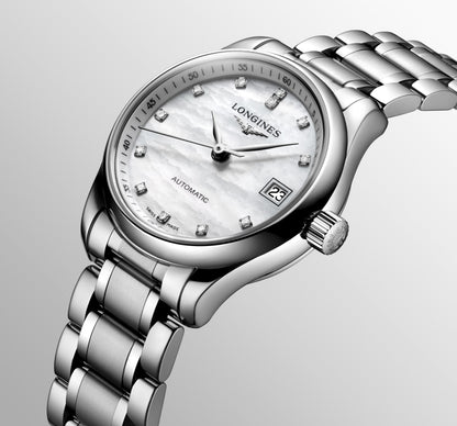 Longines Master Collection White mother-of-pearl dial. Stainless steel 25.50 mm L21284876 L2.128.4.87.6 side and back view