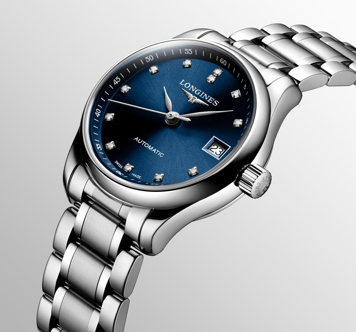 Longines Master Collection Sunray blue dial. Stainless steel 25.50 mm L21284976 L2.128.4.97.6 side and back view