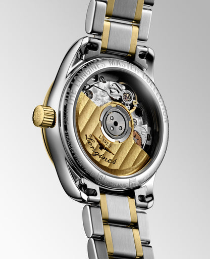 Longines Master Collection Silver "barleycorn" dial. Stainless steel and 18 karat yellow gold 25.50 mm L21285777 L2.128.5.77.7 side and front view