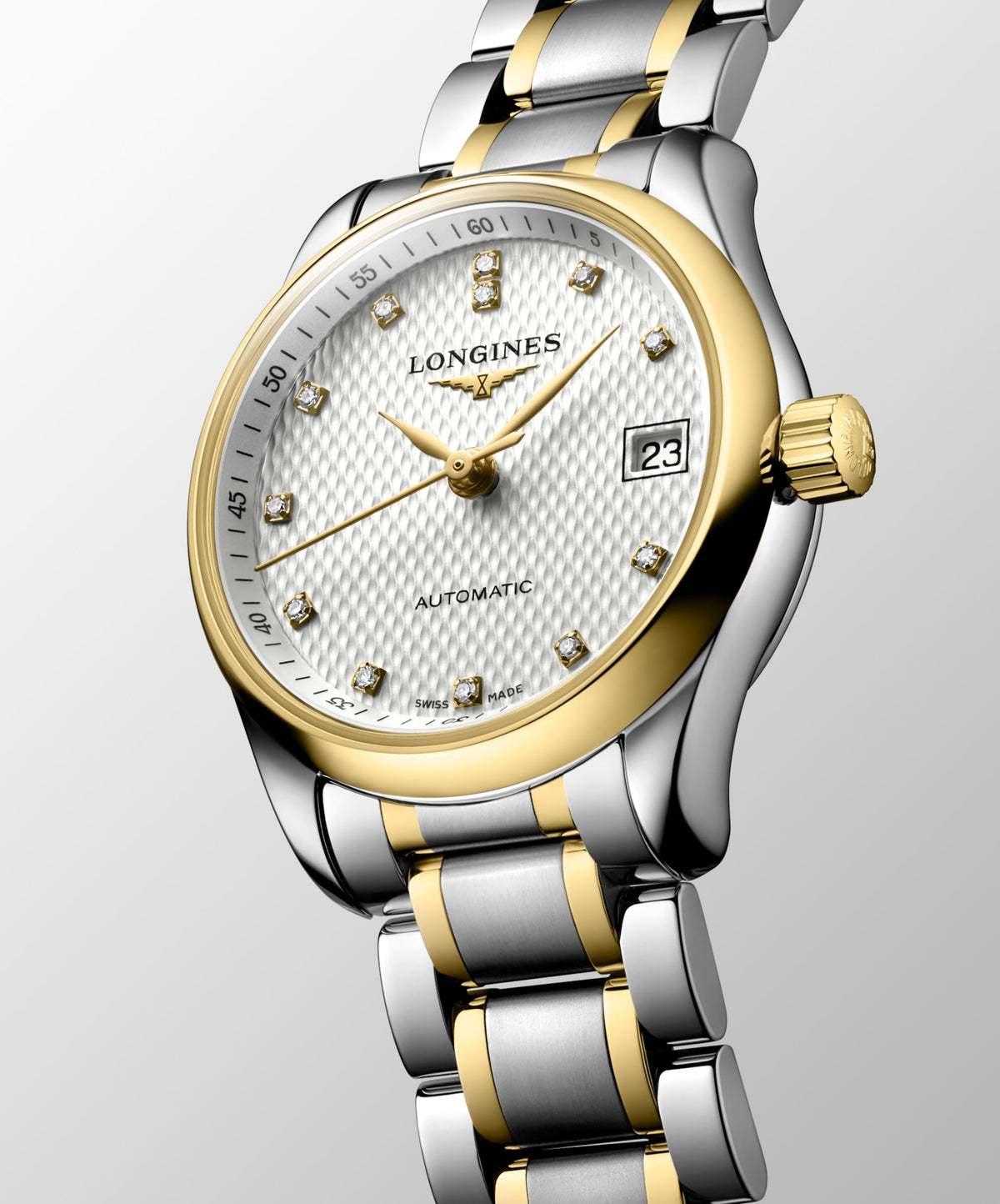 Longines Master Collection Silver "barleycorn" dial. Stainless steel and 18 karat yellow gold 25.50 mm L21285777 L2.128.5.77.7 back view