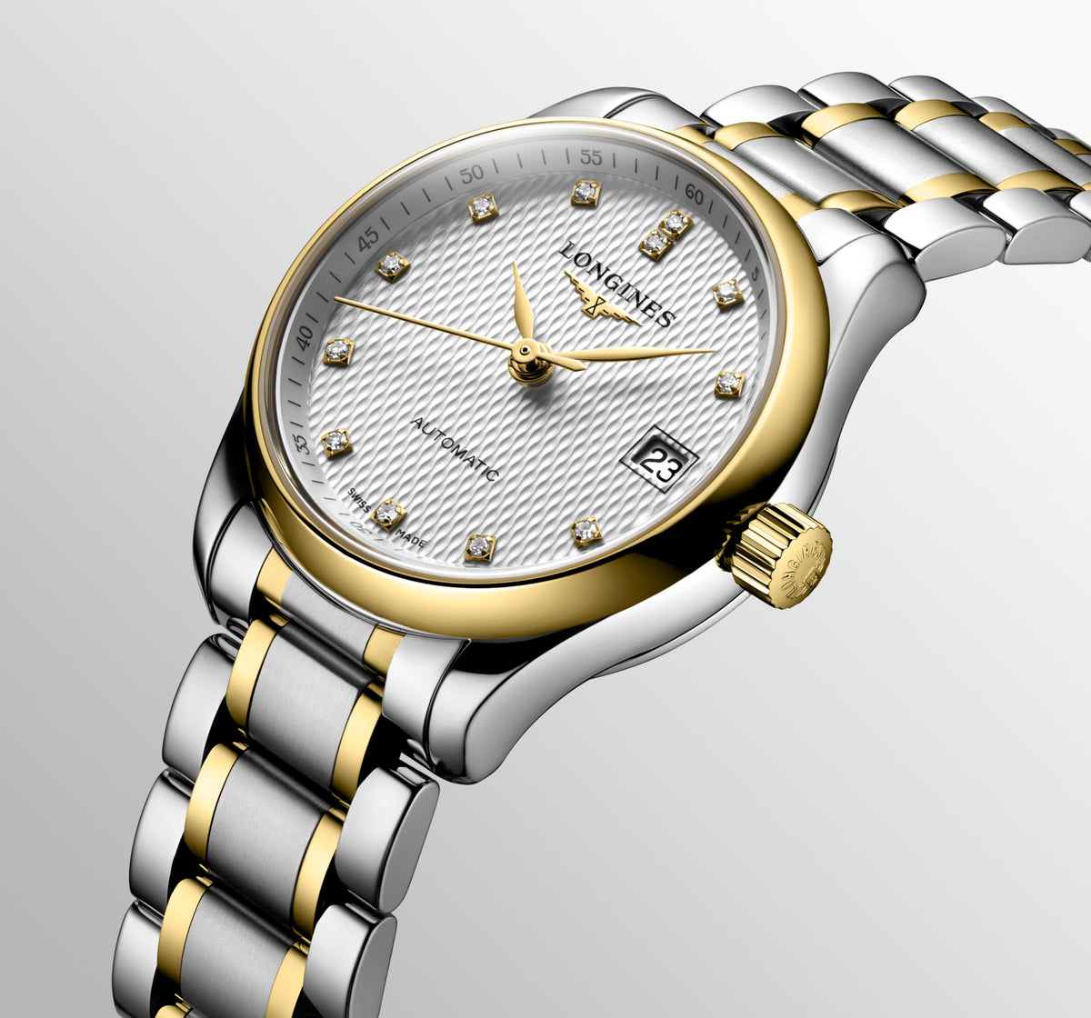 Longines Master Collection Silver "barleycorn" dial. Stainless steel and 18 karat yellow gold 25.50 mm L21285777 L2.128.5.77.7 side and back view
