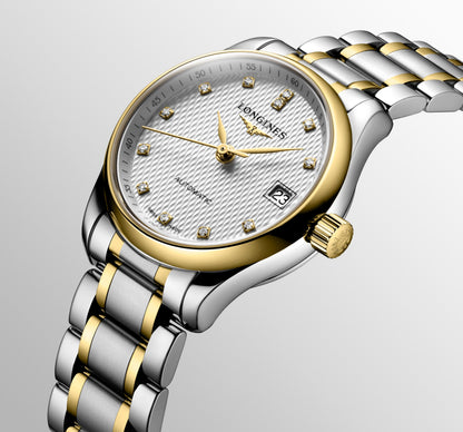 Longines Master Collection Silver "barleycorn" dial. Stainless steel and 18 karat yellow gold 25.50 mm L21285777 L2.128.5.77.7 side and back view