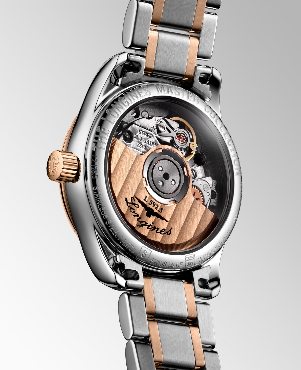 Longines Master Collection Silver "barleycorn" dial. Stainless steel and rose gold 18 carats 25.50 mm L21285797 L2.128.5.79.7 side and back view
