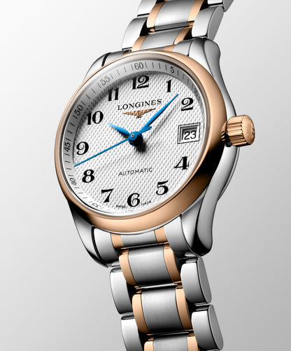 Longines Master Collection Silver "barleycorn" dial. Stainless steel and rose gold 18 carats 25.50 mm L21285797 L2.128.5.79.7 side and front view