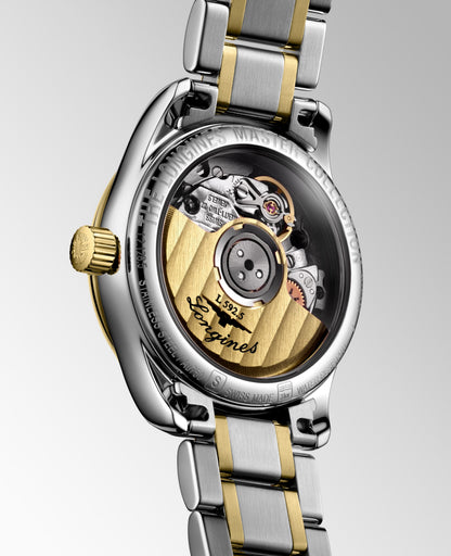 Longines Master Collection White mother-of-pearl dial. Stainless steel and 18 karat yellow gold 25.50 mm L21285877 L2.128.5.87.7 side and back view
