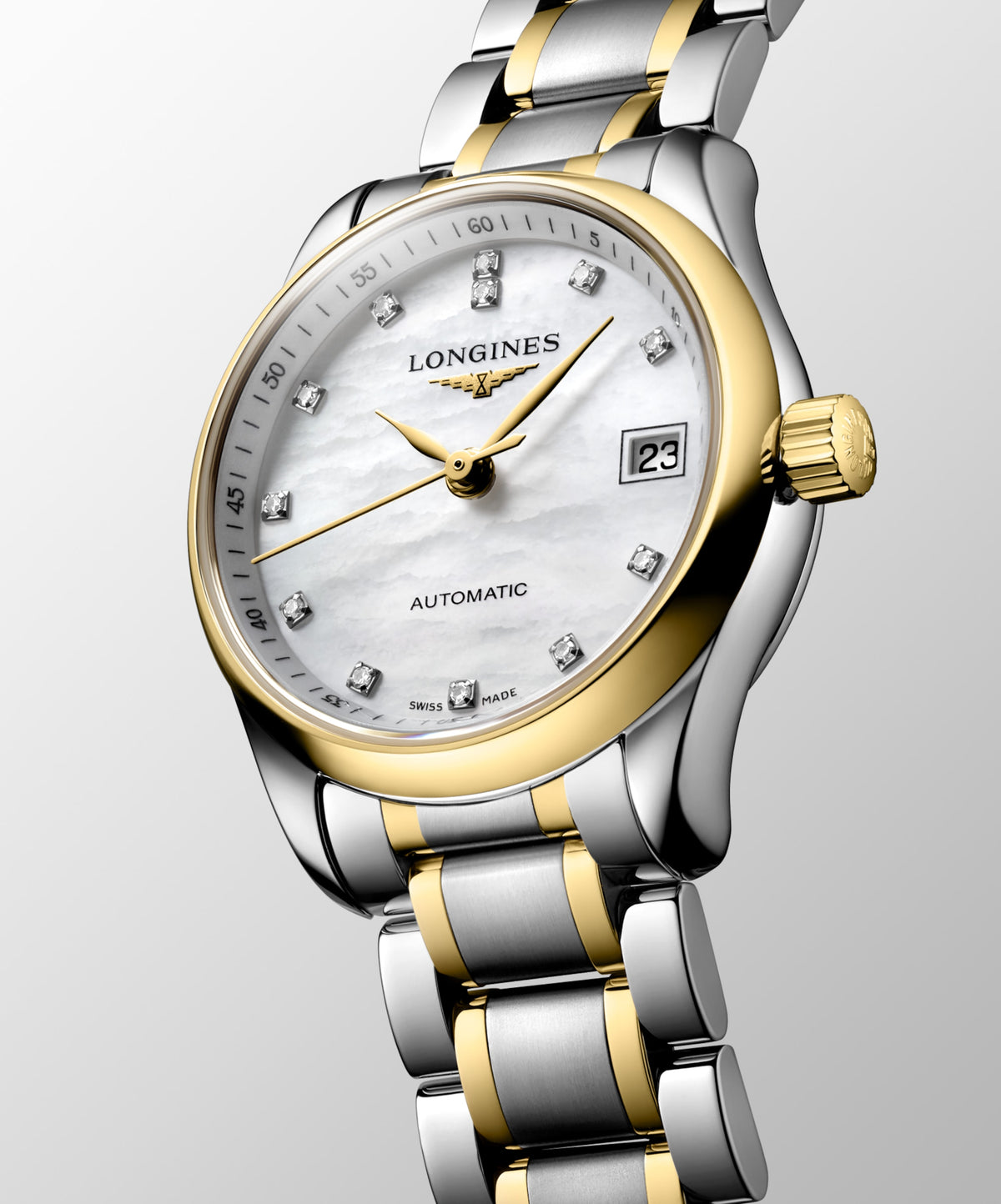 Longines Master Collection White mother-of-pearl dial. Stainless steel and 18 karat yellow gold 25.50 mm L21285877 L2.128.5.87.7 side and front view