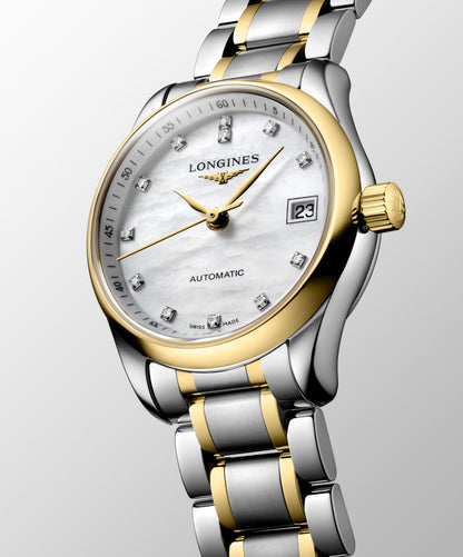 Longines Master Collection White mother-of-pearl dial. Stainless steel and 18 karat yellow gold 25.50 mm L21285877 L2.128.5.87.7 side and front view