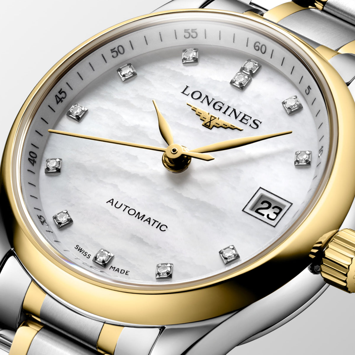 Longines Master Collection White mother-of-pearl dial. Stainless steel and 18 karat yellow gold 25.50 mm L21285877 L2.128.5.87.7 detailed view)