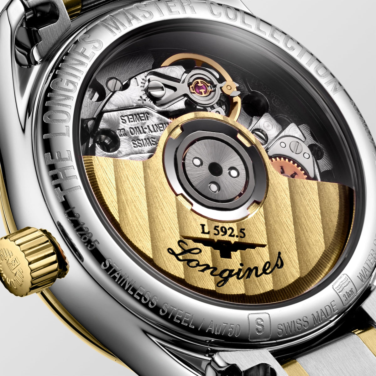 Longines Master Collection White mother-of-pearl dial. Stainless steel and 18 karat yellow gold 25.50 mm L21285877 L2.128.5.87.7 back view