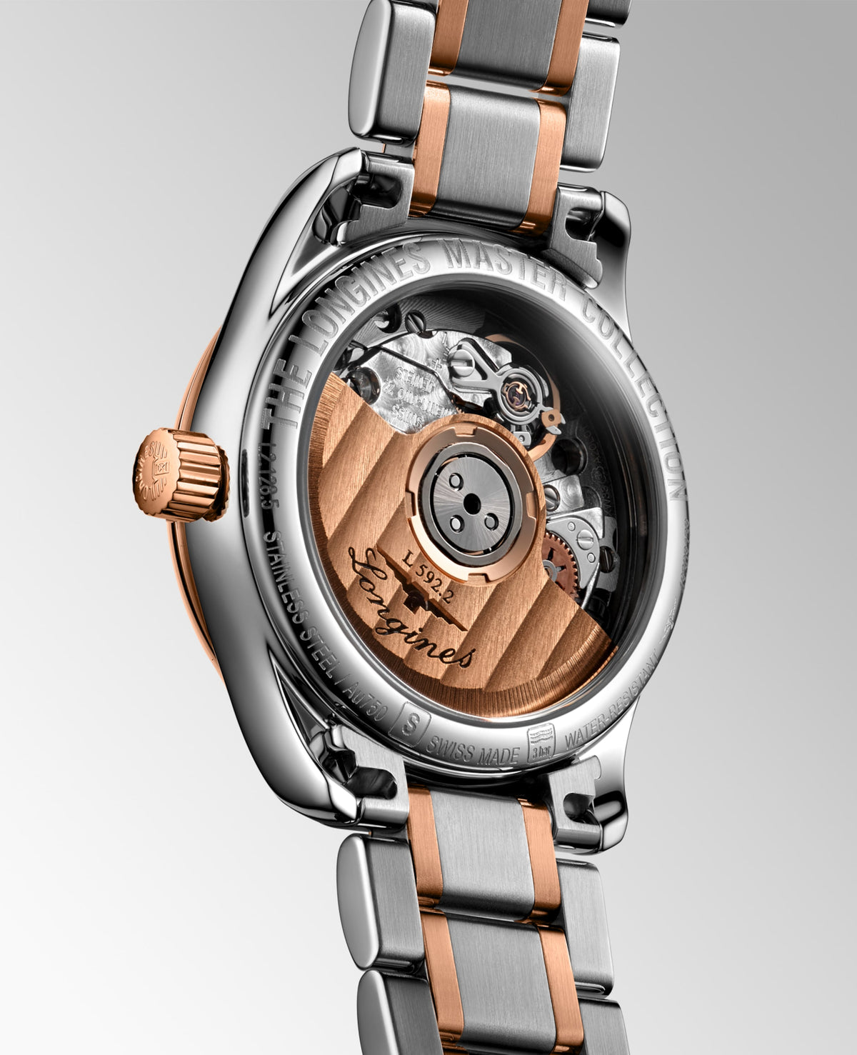 Longines Master Collection White mother-of-pearl dial. Stainless steel and rose gold 18 carats 25.50 mm L21285897 L2.128.5.89.7 side and back view