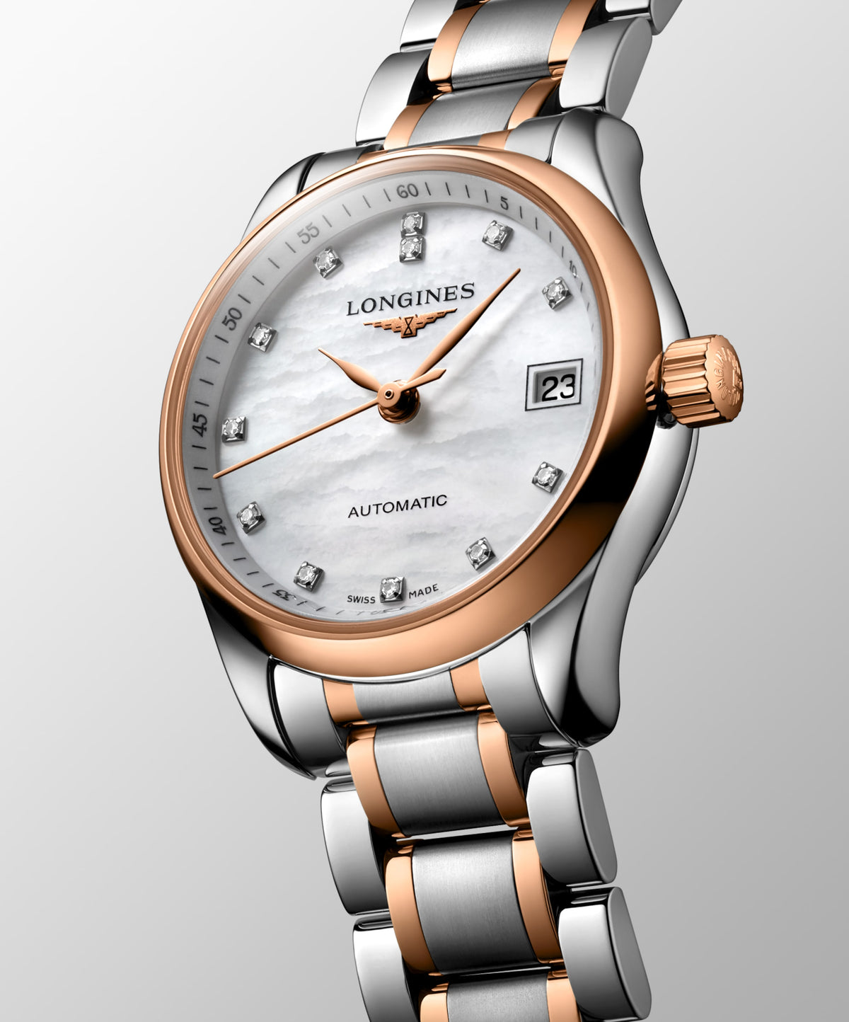 Longines Master Collection White mother-of-pearl dial. Stainless steel and rose gold 18 carats 25.50 mm L21285897 L2.128.5.89.7 side and front view
