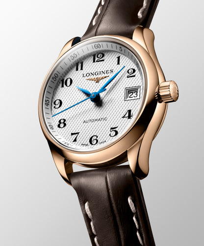 Longines Master Collection Silver "barleycorn" dial. Rose gold 18 carats 25.50 mm L21288783 L2.128.8.78.3 side and front view