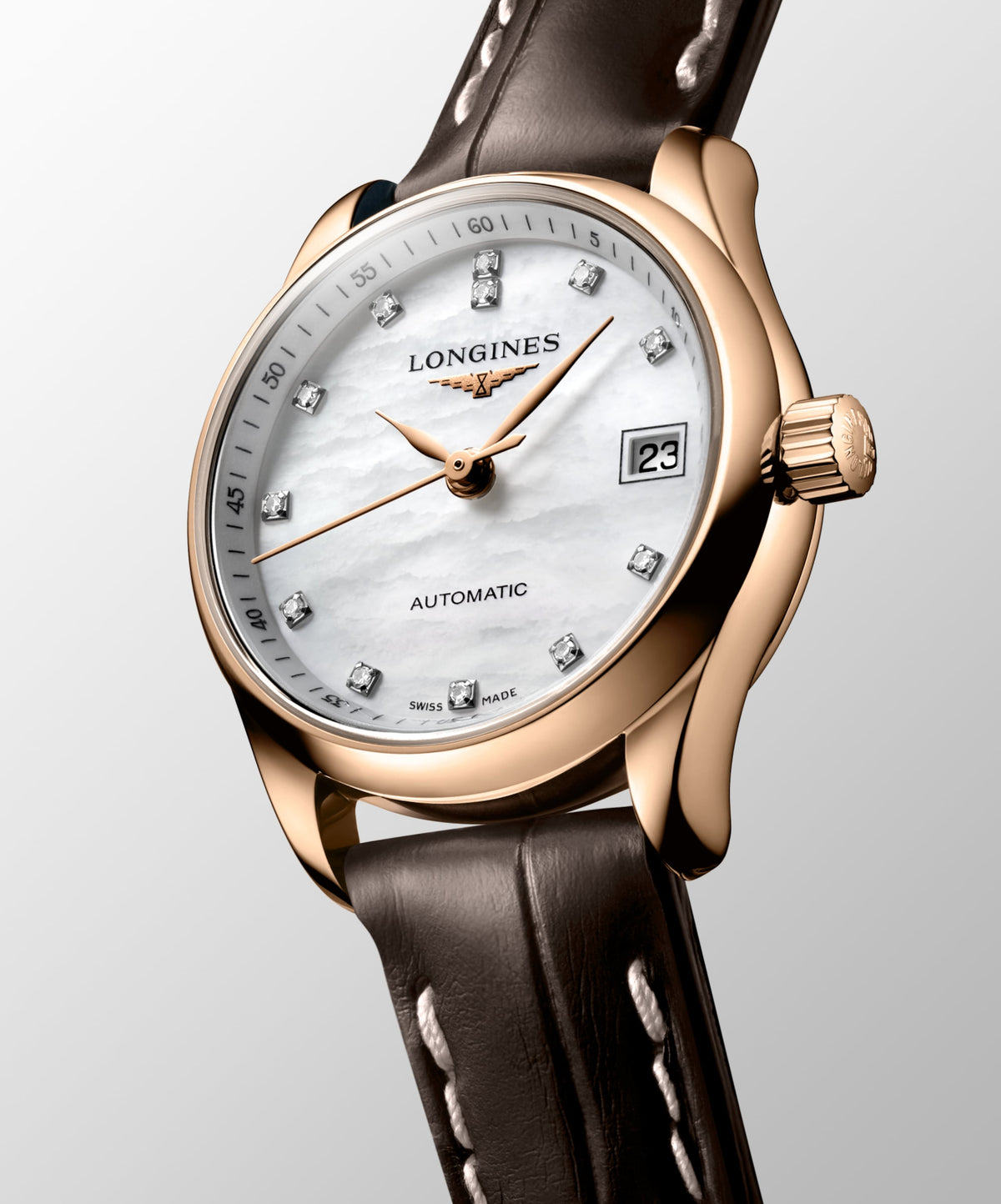 Longines Master Collection White mother-of-pearl dial. Rose gold 18 carats 25.50 mm L21288873 L2.128.8.87.3 side and front view
