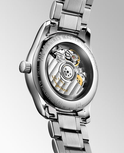Longines Master Collection Silver "barleycorn" dial. Stainless steel 29.00 mm L22574776 L2.257.4.77.6 side and back view