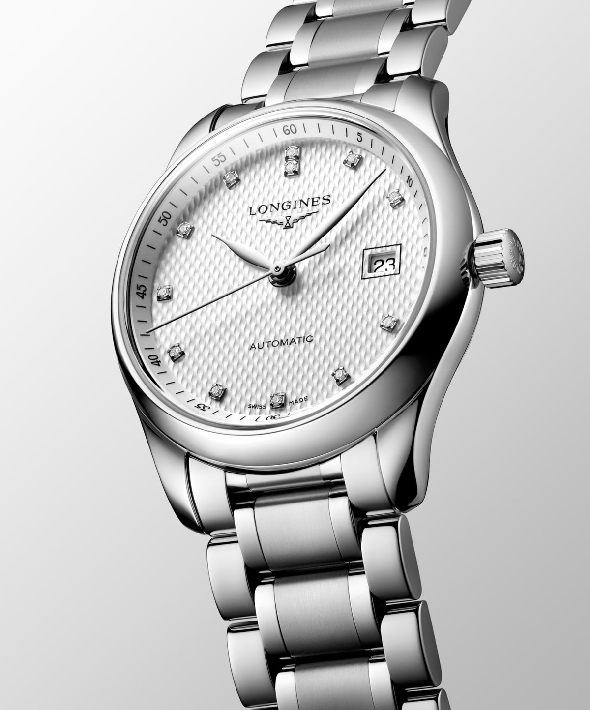 Longines Master Collection Silver "barleycorn" dial. Stainless steel 29.00 mm L22574776 L2.257.4.77.6 side and front view
