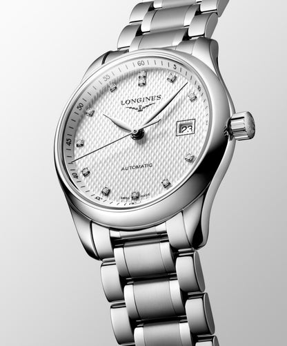 Longines Master Collection Silver "barleycorn" dial. Stainless steel 29.00 mm L22574776 L2.257.4.77.6 side and front view