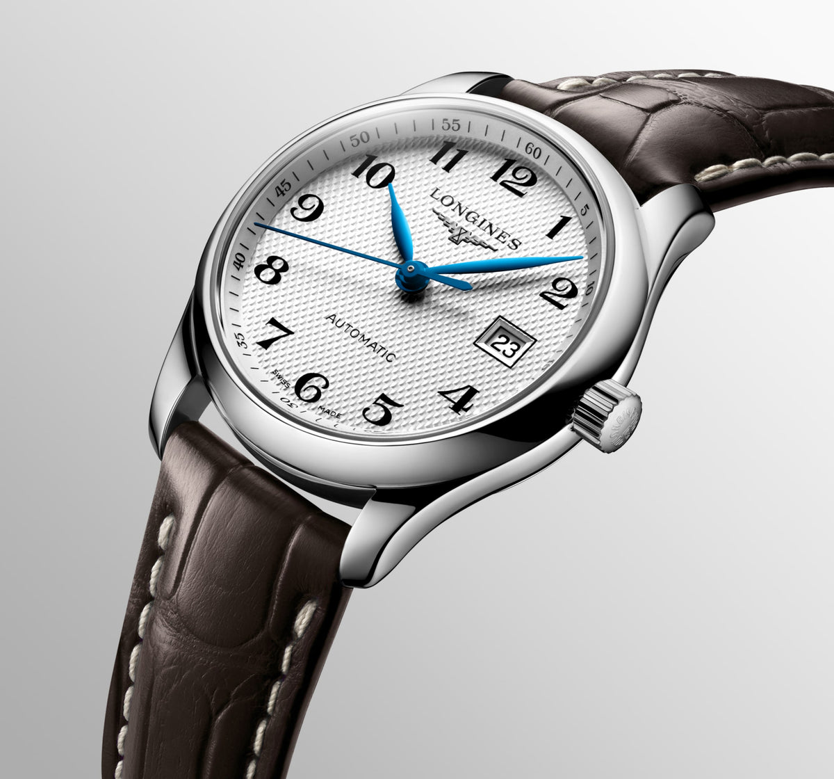 Longines Master Collection Silver "barleycorn" dial. Stainless steel 29.00 mm L22574783 L2.257.4.78.3 side and back view
